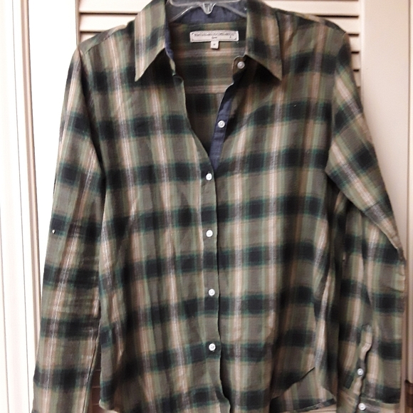 Green Plaid Button Collar Tee WhatGoesAround Boho - Picture 6 of 8